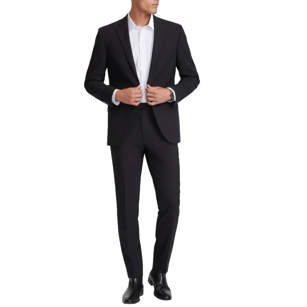 DKNY Mens Modern Fit 2‎ Piece Suit 48R 42W 32L Black Solid Stretch